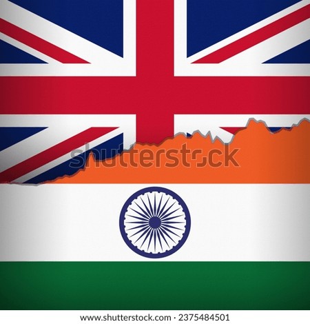 UK and India flags depicted with a price line chart. Fluctuation graph with bullish trend. Burlap textured. Banking and trade relations concept.