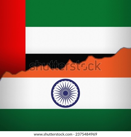 UAE and India flags depicted with a price line chart. Fluctuation graph with bullish trend. Burlap textured. Banking and trade relations concept.