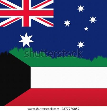 The flags of Australia and Kuwait depicted with a price line chart. Fluctuation graph with bearish trend. Burlap textured. Banking and trade relations concept.
