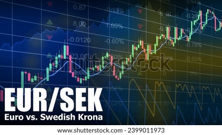 EURSEK pair in the forex market. Trading screen background. Acronym EUR - Euro. Acronym SEK - Swedish Krona. Market graph of Aroon oscillator candlestick concept. Defocused trading screen background.
