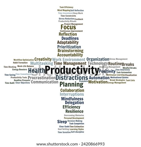 Productivity Word Cloud. Plus shape. Productivity relevance. Isolated white background.