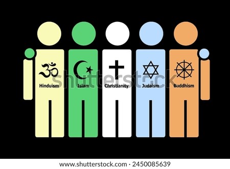 Simple vector illustration of people embracing. Religious symbols of Hinduism, Islam, Christianity, Judaism, and Buddhism. Concept of religious harmony. Isolated black background.