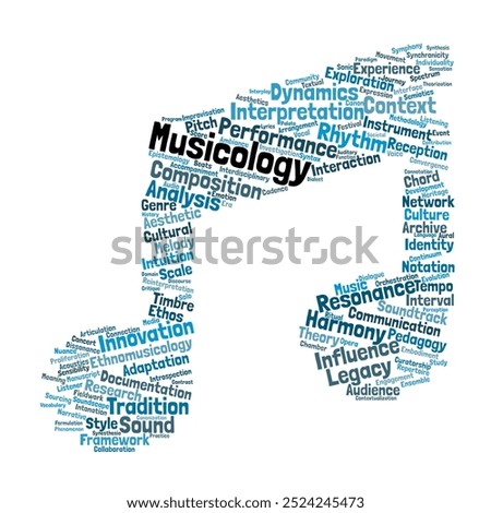 Musicology Word Cloud. Composition of Words Related to Music Theory, History, and Cultural Influence. Isolated Background.