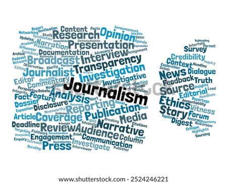 Journalism Word Cloud. Composition of Words Related to Reporting, Ethics, and Media. Isolated Background.