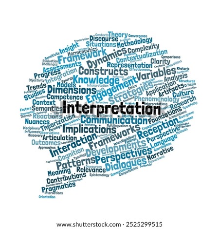 Interpretation Studies Word Cloud. Composition of Words Related to Language, Meaning, and Discourse. Isolated Background.