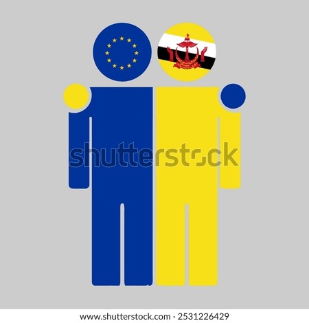 Flat illustration of two human figures with the European Union and Brunei Darussalam flags as heads. Minimalistic design, isolated background.