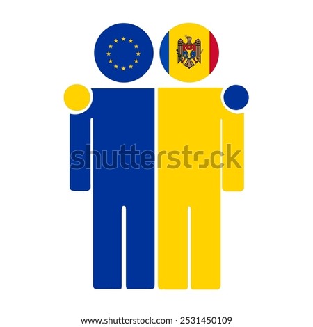 Flat illustration of two human figures with the European Union and Moldova flags as heads. Minimalistic design, isolated background.