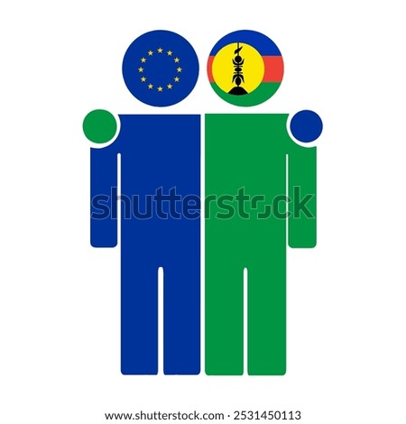 Flat illustration of two human figures with the European Union and New Caledonia flags as heads. Minimalistic design, isolated background.