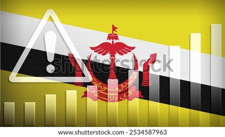 Brunei Darussalam flag with burlap texture, warning sign, and rising bar chart symbolizing increasing risk or growth challenges in the country. Ideal for data presentations.