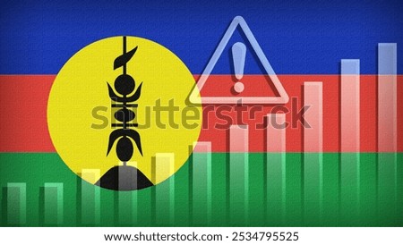 New Caledonia flag with burlap texture, warning sign, and rising bar chart symbolizing increasing risk or growth challenges in the country. Ideal for data presentations.