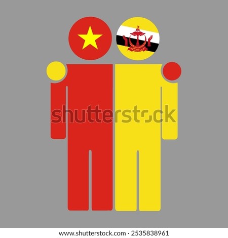 Flat illustration of two human figures with the Vietnam and Brunei Darussalam flags as heads. Minimalistic design, isolated background.