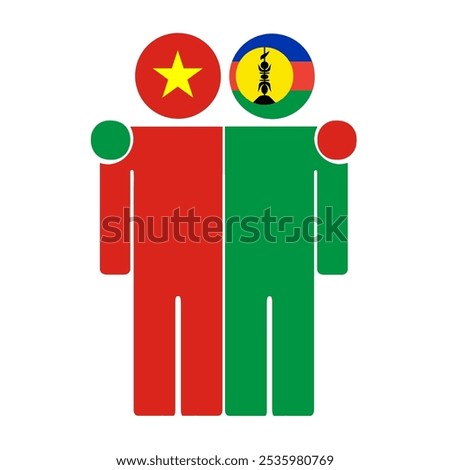 Flat illustration of two human figures with the Vietnam and New Caledonia flags as heads. Minimalistic design, isolated background.