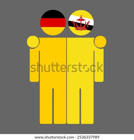 Flat illustration of two human figures with Germany and Brunei Darussalam flags as heads. Minimalistic design, isolated background.