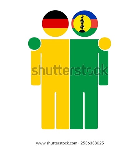 Flat illustration of two human figures with Germany and New Caledonia flags as heads. Minimalistic design, isolated background.