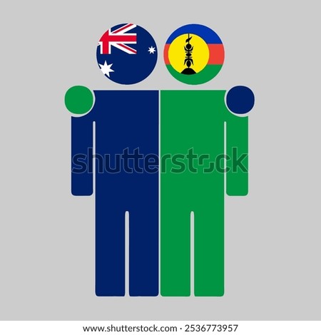 Flat illustration of two human figures with Australia and New Caledonia flags as heads. Minimalistic design, isolated background.