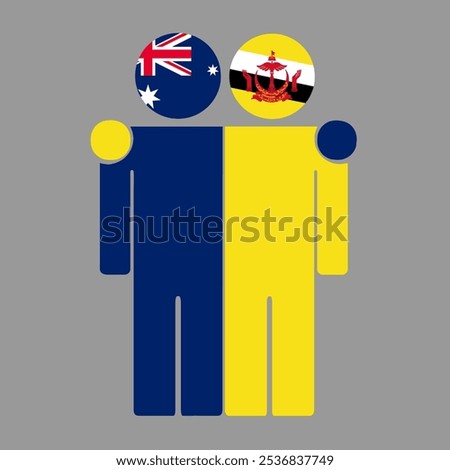 Flat illustration of two human figures with Australia and Brunei Darussalam flags as heads. Minimalistic design, isolated background.