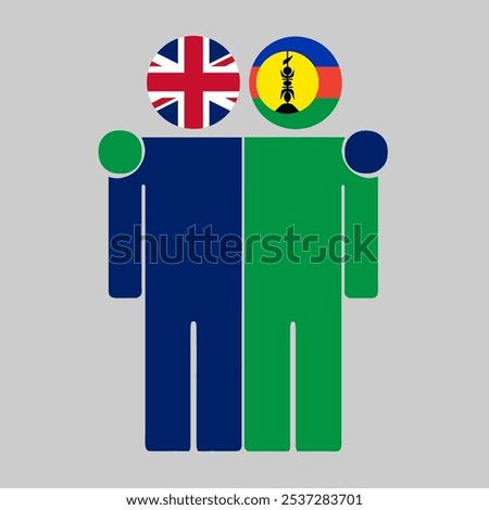 Flat illustration of two human figures with UK and New Caledonia flags as heads. Minimalistic design, isolated background.