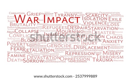 War Impact Word Cloud. Composition of Words Related to the Negative Consequences of War. Ideal for Educational and Analytical Content on Conflict and Peace Studies.