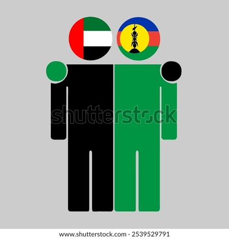 Flat illustration of two human figures with UAE and New Caledonia flags as heads. Minimalistic design, isolated background.