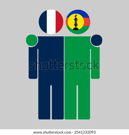 Flat illustration of two human figures with France and New Caledonia flags as heads. Minimalistic design, isolated background.