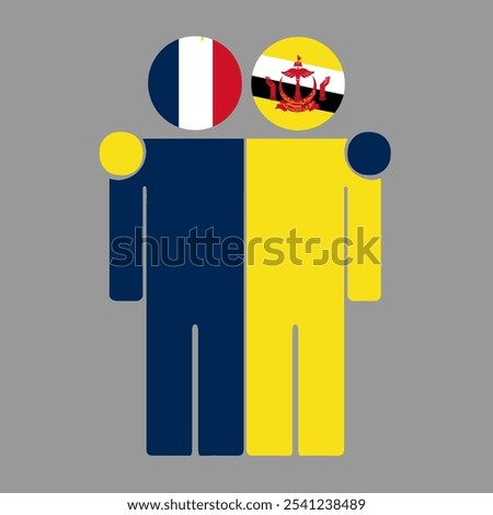 Flat illustration of two human figures with France and Brunei Darussalam flags as heads. Minimalistic design, isolated background.