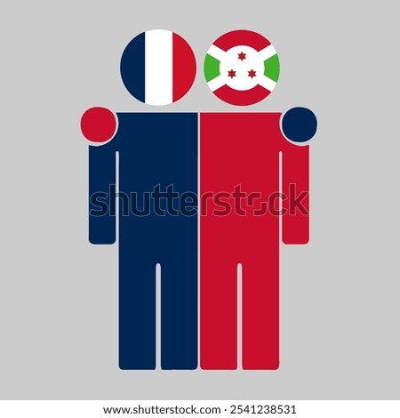 Flat illustration of two human figures with France and Burundi flags as heads. Minimalistic design, isolated background.