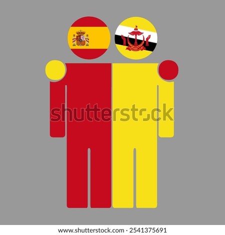 Flat illustration of two human figures with Spain and Brunei Darussalam flags as heads. Minimalistic design, isolated background.