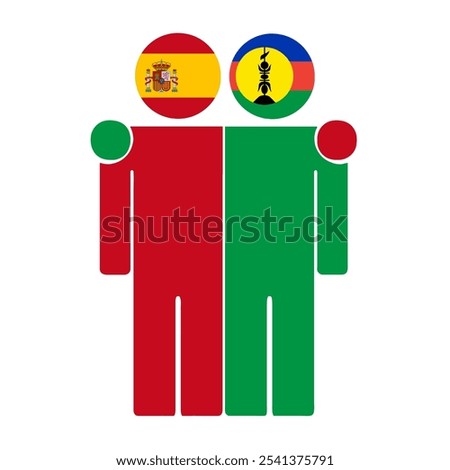 Flat illustration of two human figures with Spain and New Caledonia flags as heads. Minimalistic design, isolated background.