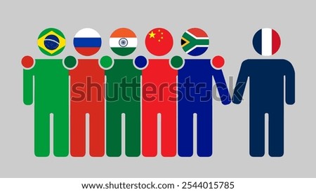 BRICS Nations and France Partnership Illustration. Simple flat design of human figures with flag heads. Standing together inviting France. Symbolizing international collaboration.