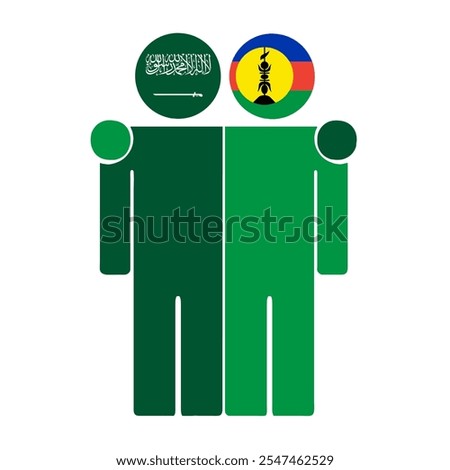 Flat illustration of two human figures with Saudi Arabia and New Caledonia flags as heads. Minimalistic design, isolated background.