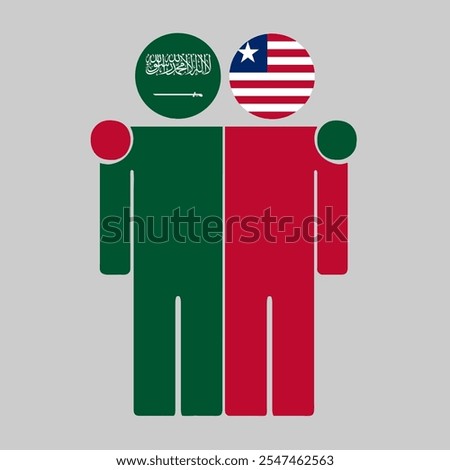 Flat illustration of two human figures with Saudi Arabia and Liberia flags as heads. Minimalistic design, isolated background.