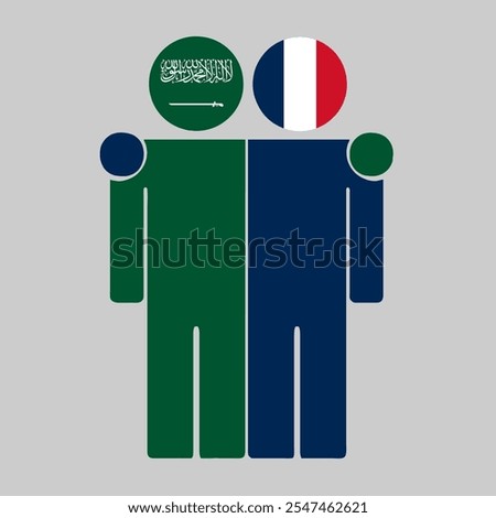 Flat illustration of two human figures with Saudi Arabia and France flags as heads. Minimalistic design, isolated background.