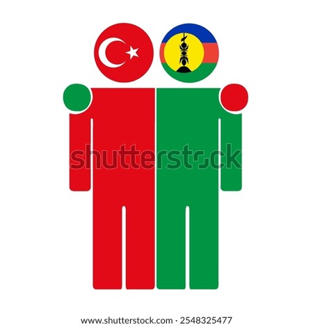 Flat illustration of two human figures with Turkey and New Caledonia flags as heads. Minimalistic design, isolated background.