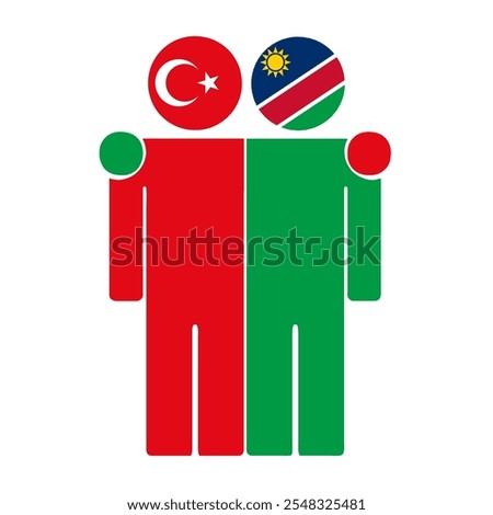 Flat illustration of two human figures with Turkey and Namibia flags as heads. Minimalistic design, isolated background.