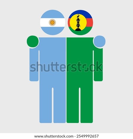 Flat illustration of two human figures with Argentina and New Caledonia flags as heads. Minimalistic design, isolated background.