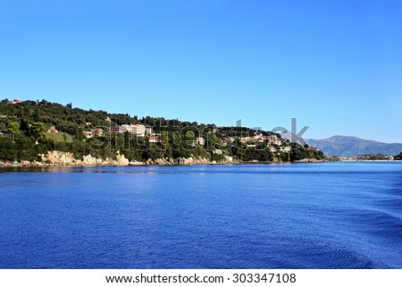 Sea view. Mountain view. Town view. Beautiful Ionian dark blue sea. Sky and sea. Beauty in nature. Corfu. Kerkyra. Greece island
