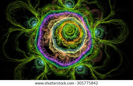 Fractal flower in green, purple, yellow color. Fractal art background for creative design. Decoration for wallpaper desktop, poster, cover booklet. Abstract flower, abstract texture