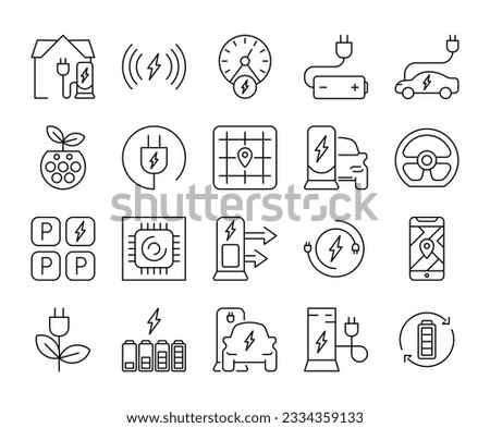 EV Set of Battery Electric car stroke line icons 2. E-Mobility charger vector illustrations