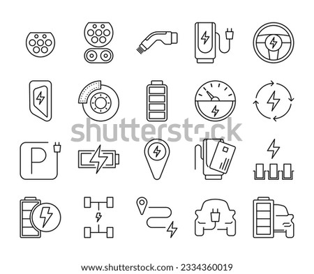 EV Set of Battery Electric car stroke line icons. E-Mobility charger vector illustrations