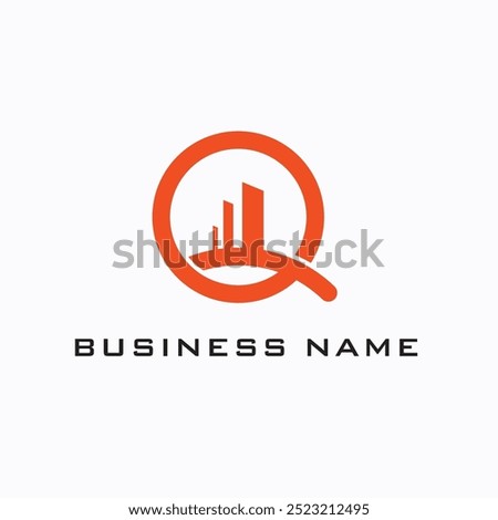 Vector logo with letter Q with several color variations and rocket and building illustrations