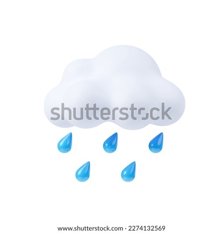 Rain cloud with water drops. Weather icon of storm, summer downpour, autumn shower. White fluffy cumulus cloud with falling blue raindrops, 3d render illustration