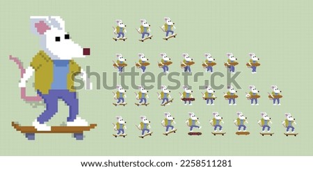 Pixel Art Design Character Illustration Mouse Skateboard Ready To Use For Game Sprite Sheet Animation Frame By Frame 