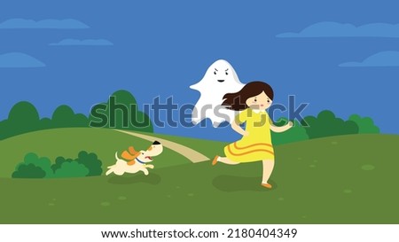 girl and dog run away from a ghost