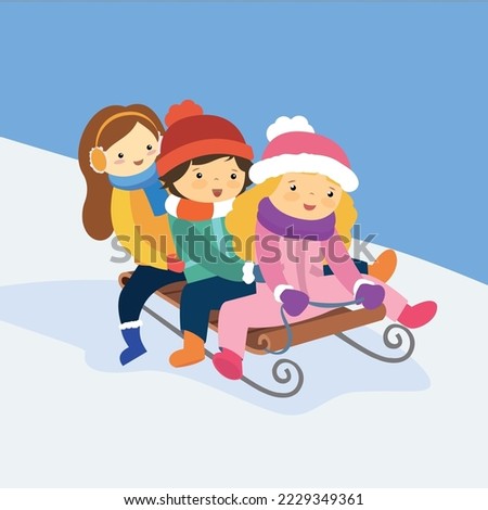 Three children sledding in the snow together