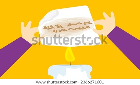 Hands holding a letter with invisible ink over a burning candle on yellow background. Vector illustration