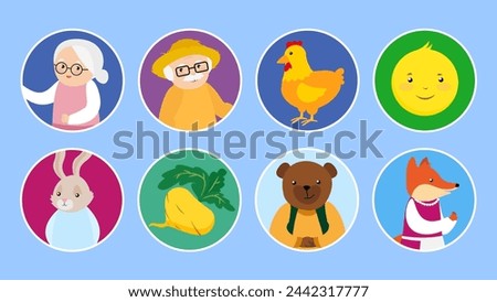Cute cartoon animals and birds on round icons set. Vector illustration