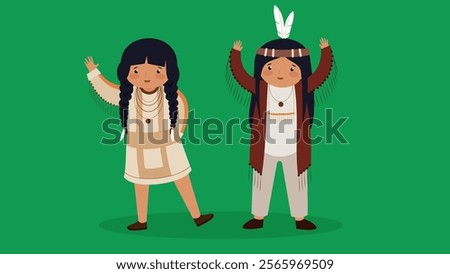 Native American woman and girl in traditional costume. Vector illustration in flat style