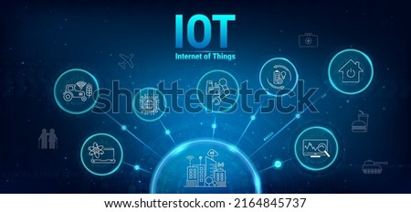 Internet of Things concept banner with icons and a description of them. Infographic banner IOT. Digital transformation banner web icon in the field of  technology, communications, internet of things.