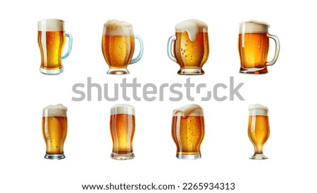 Eight different lager beer glasses and mugs. Realistic golden beer splashes in transparent glass.Glass mugs with golden light beer with overflowing foamy heads isolated on white background.