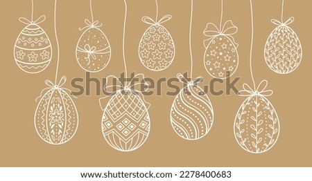 Set of hanging hand drawn Easter eggs with bows, isolated on brown background. Vector illustration in line doodle style. Great for Spring holiday design, Happy Easter greeting card, banner, poster.
